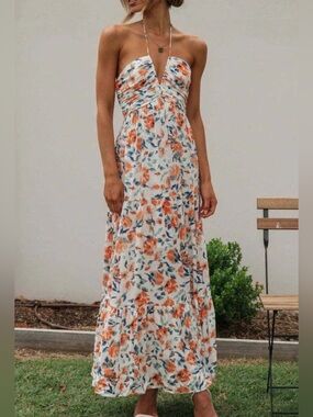 Jardinvue Floral V-Neck Backless Maxi Dress Orange & Blue Floral Print small